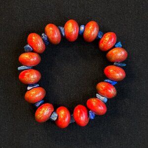 Red Gold Bead and Blue Stone Stretch Bracelet
